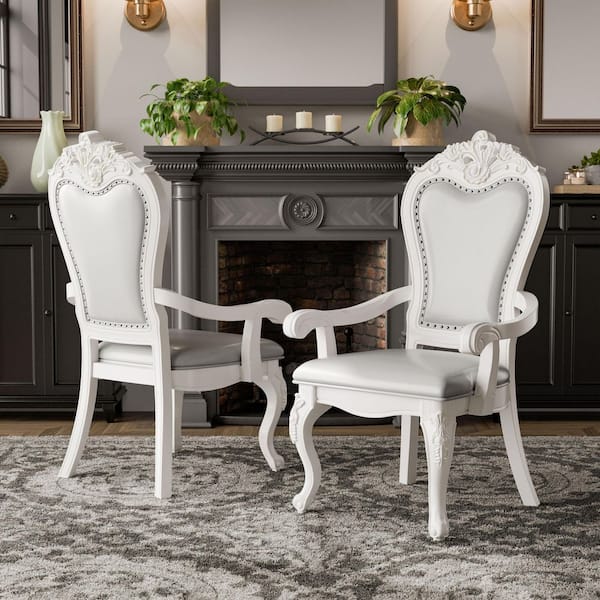 Divino Grand White Leatherette Upholstered Dining Chair with Arms Set of 2
