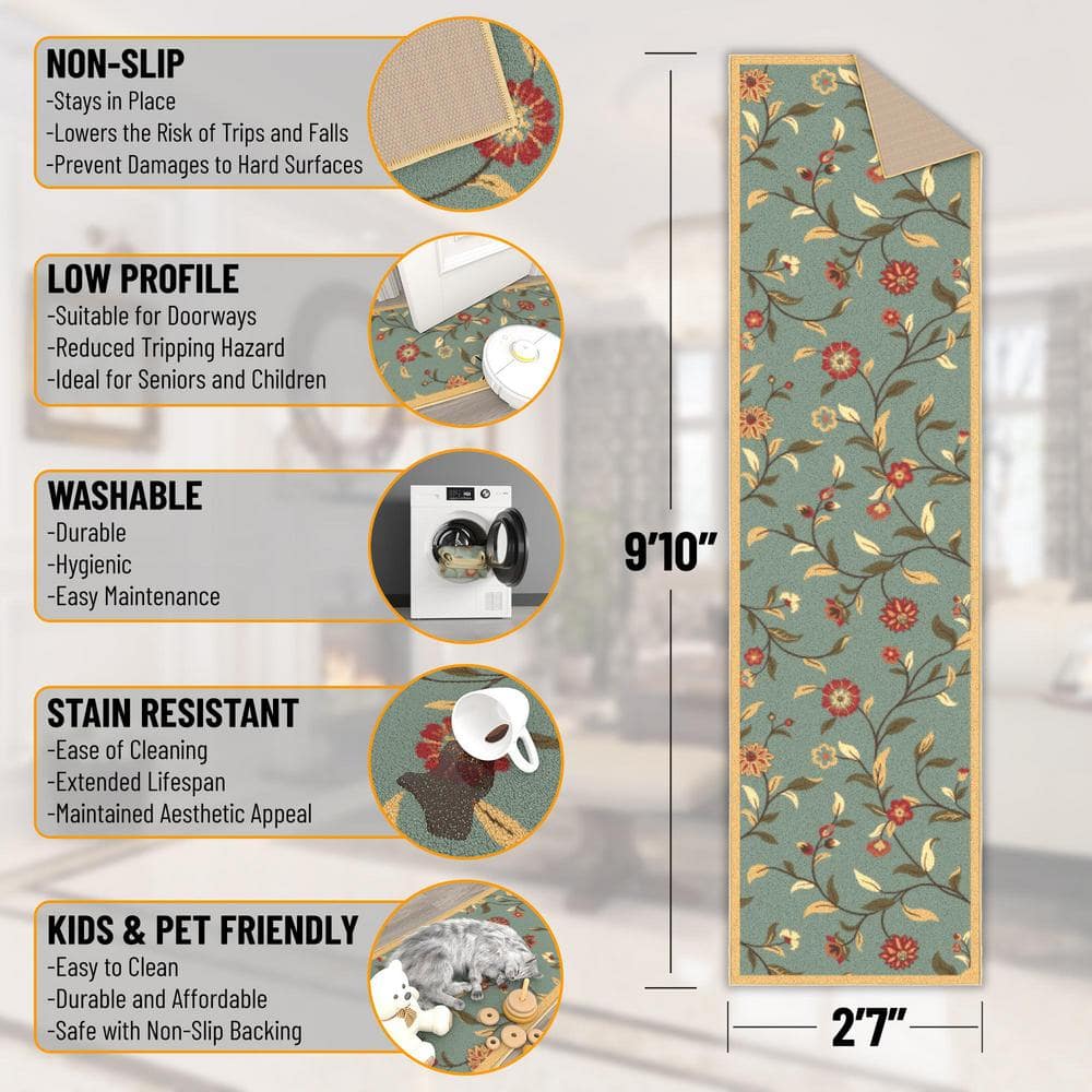 Seafoam Green Floral Non-Slip Hallway Runner Rug