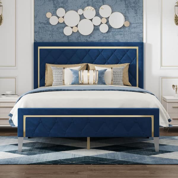 Blue Wood Frame Queen Size Platform Bed with Tufted Headboard, Gold Trim, Slats Support and Velvet Upholstered Finish