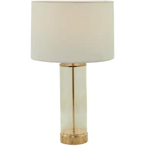 25 in. Gold Tempered Glass Transparent Base Task and Reading Table Lamp with Drum Shade