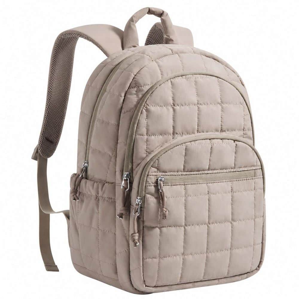 17.3 in. Beige Quilted Laptop Backpack with Water Resistant Fabric, Luggage Strap and 15.6 in. Padded Laptop Compartment