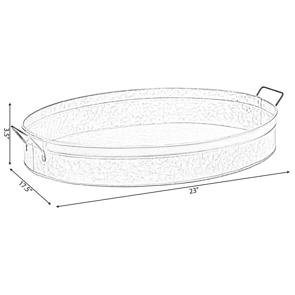 Large Gray Galvanized Metal Oval Rustic Serving Tray with Handles
