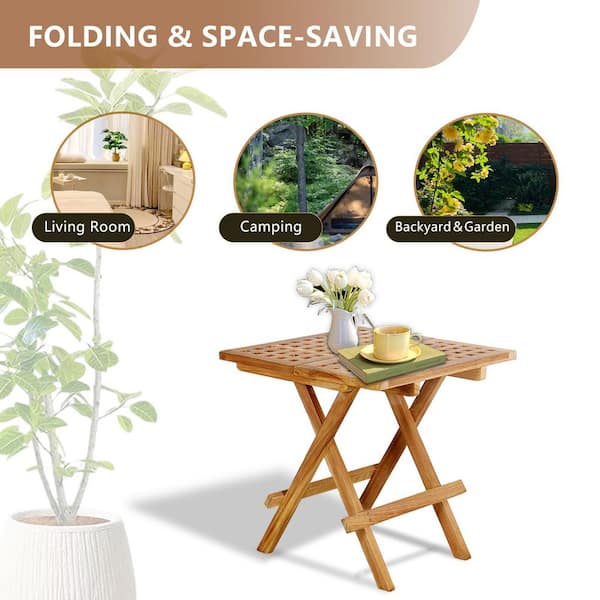 Teak 20in. Square Wood Folding Outdoor Side Table, Portable Coffee