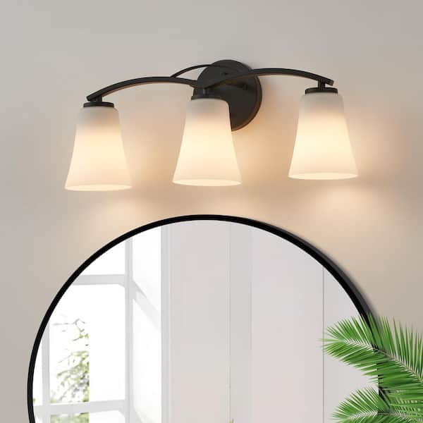 22 in. 3-Light Painted Black Vanity Light with Opal Glass Shades