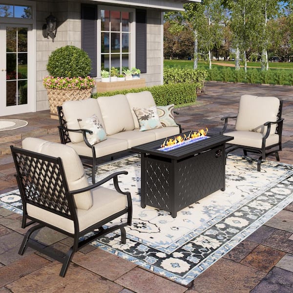PHI VILLA Black Metal Meshed 5 Seat 4-Piece Steel Outdoor Fire Pit Patio Set with Beige Cushions, Black Rectangular Fire Pit Table