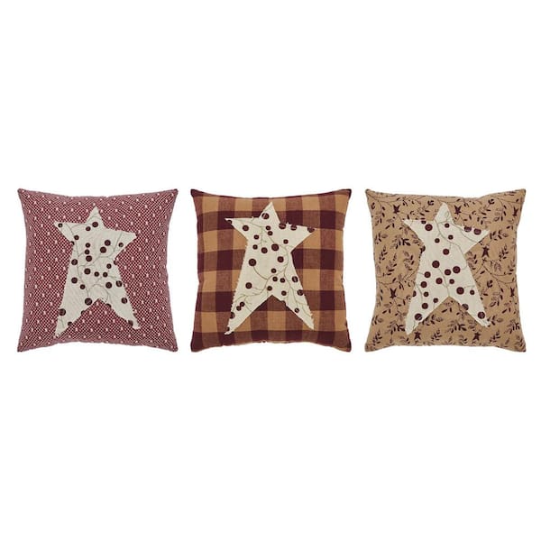 VHC Brands Pip Vinestar Burgundy Natural Light Green Appliqued Primitive Star 9 in. x 9 in. Throw Pillow Set of 3
