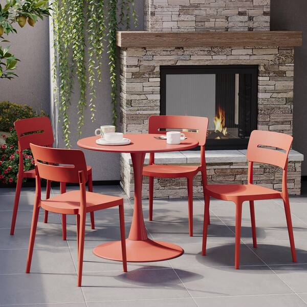 FrondandForm Outdoor Patio Modern Poly Plastic Stacking Dining Side Chair (Set of 4), Red