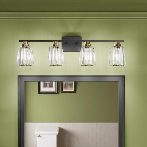 ExBrite Merrin 30.7 in. 4-Light Black and Golden Bathroom Vanity Light with Black Pyramid Crystal Shades