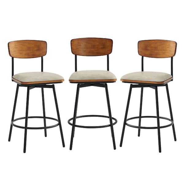 Spruce & Spring 27 in. Wynne Gray High Back Metal/Wood Swivel Counter Stool with Faux Leather Seat (Set of 3)
