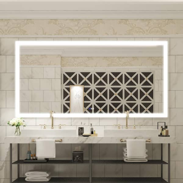 ANGELES HOME 84 in. W x 42 in. H Large Rectangular Metal Framed Anti-Fog Dimmable Wall Bathroom Vanity Mirror in Silver