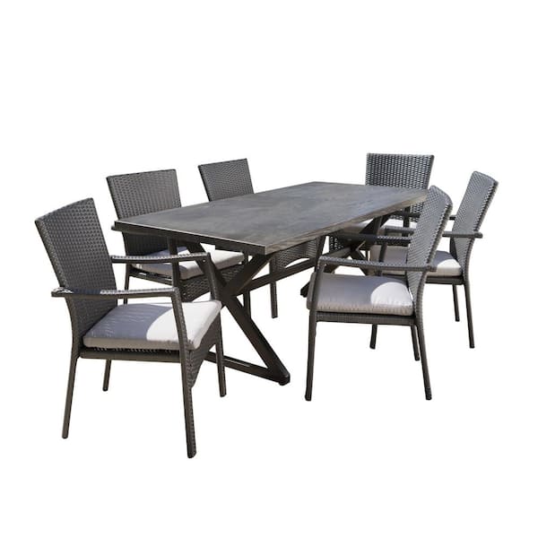 Noble House Black 7-Piece Faux Wicker and Aluminum Rectangular Outdoor Dining Set with Gray Cushion