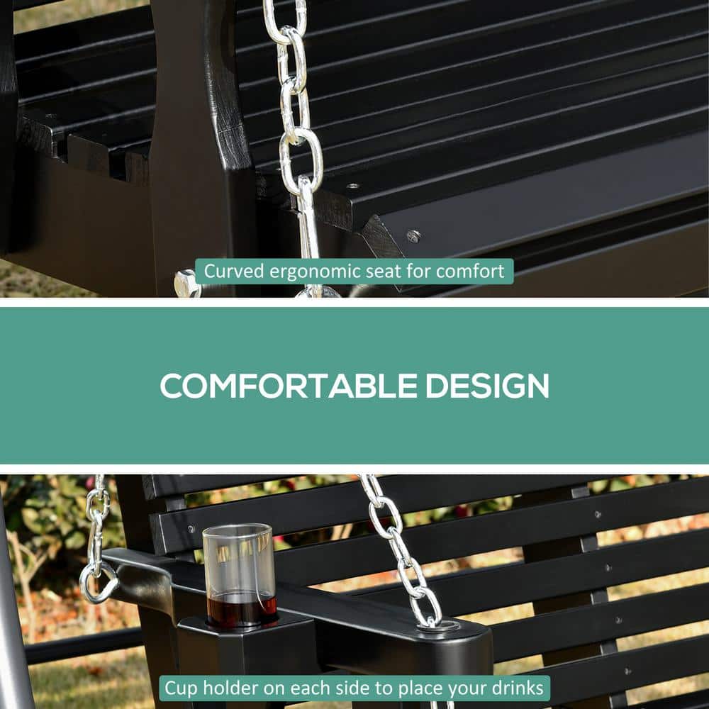 Black Wooden 2-Person Porch Swing with Chains and Cup Holders