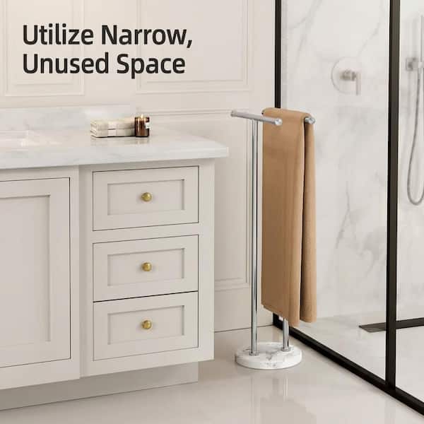 Free-Standing Double T-Shape 2-Bar Towel Rack with 10 lb Load Natural Marble Base in Brushed Stainless Steel