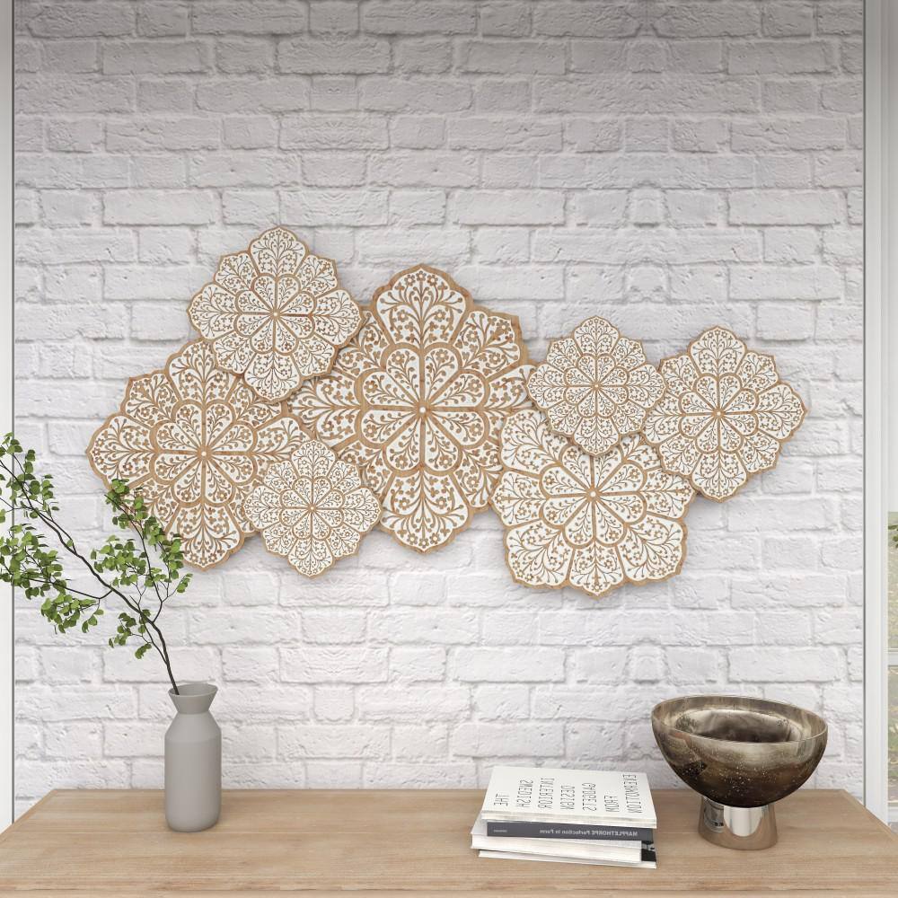 White and Natural Wood Intricately Carved Floral Wall Decor