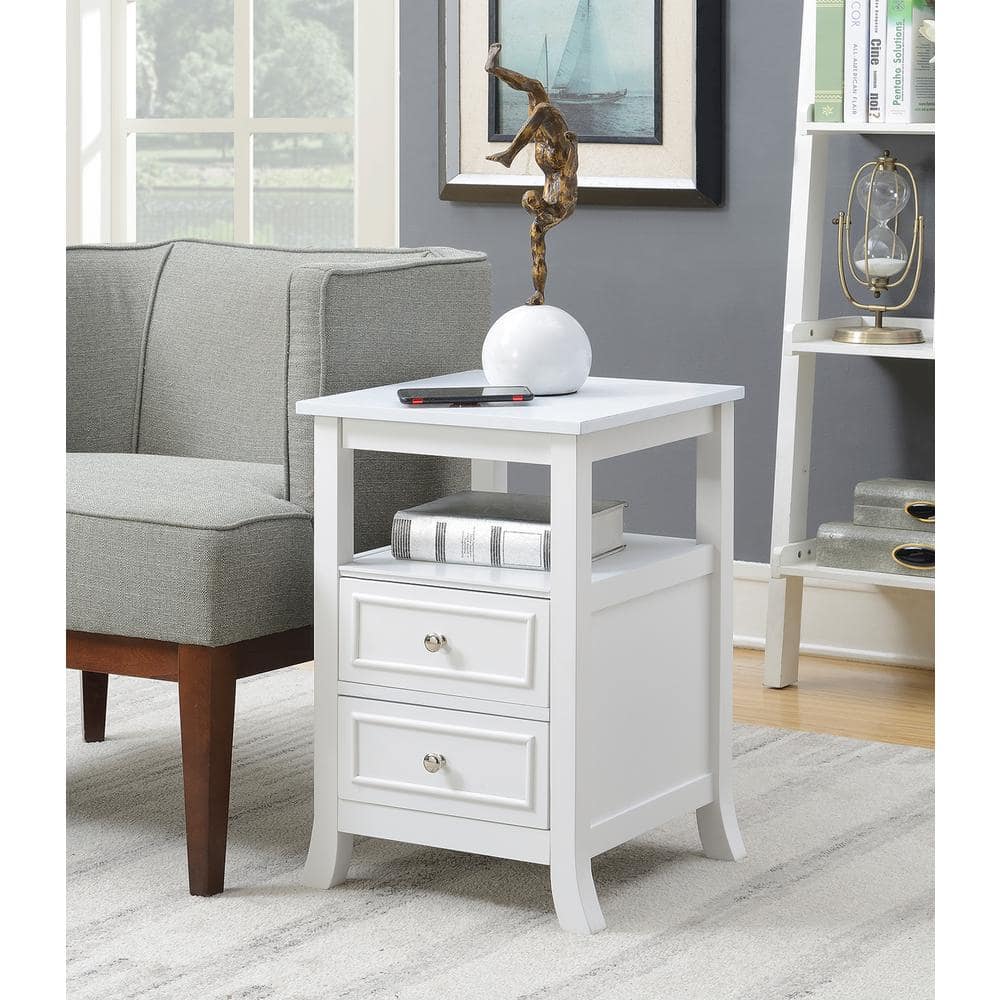White Wood End Table with Storage Drawers and Shelf