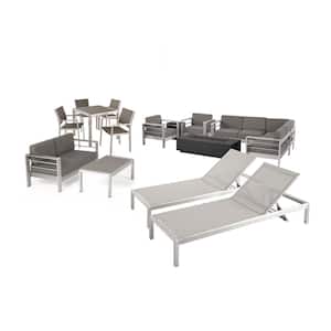 Cape Coral Silver 16-Piece Aluminum Patio Fire Pit Seating Set with Khaki Cushions