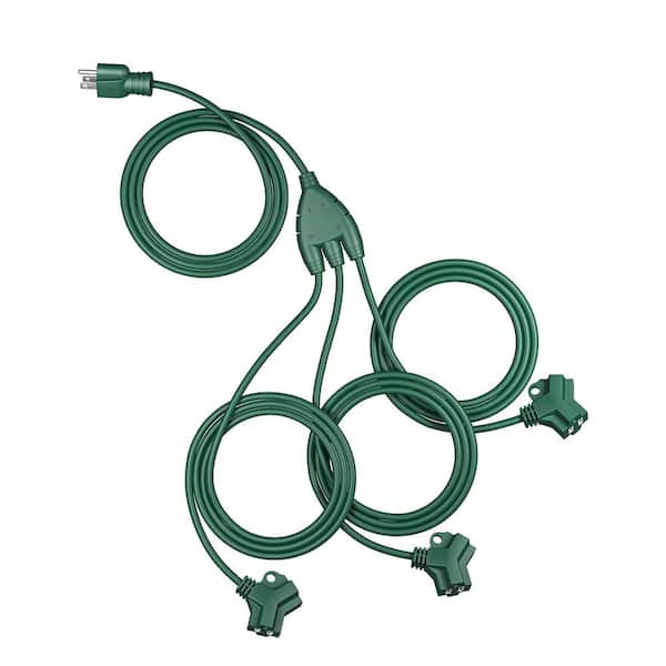 25 ft. 16/3 SJTW Outdoor Extension Cord with 1 to 3 Splitter and Safety Cover, Green