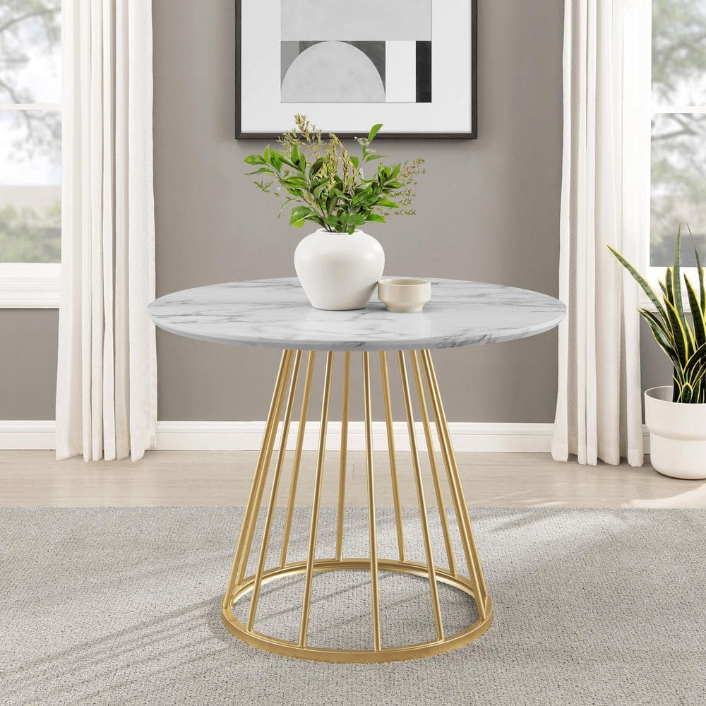 Welwick Designs 40 in. Round Faux White Marble/Gold Modern Wood-Top Dining  Table with Metal Cage Base (Seats 4-6) HD9471 The Home Depot