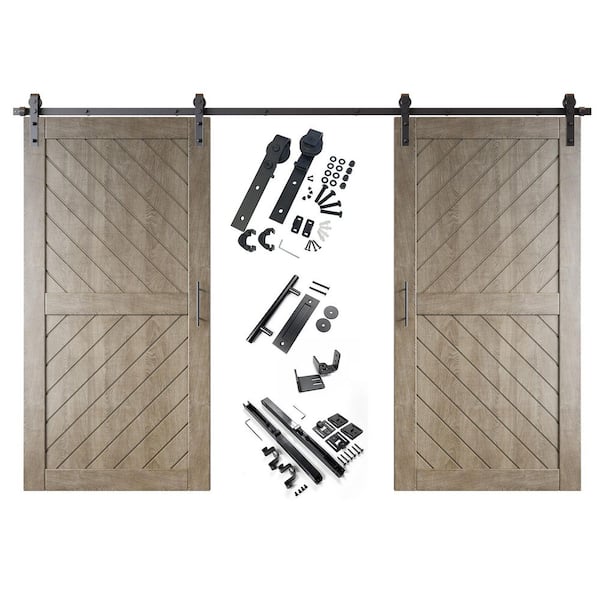HOMACER XT4 36 in. x 80 in. C-Panel Classic Gray Slanted Stripe Design Double Pine Wood Sliding Barn Door with Hardware Kit