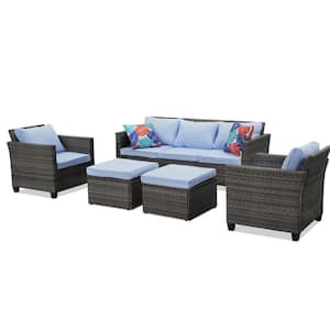 7-Piece Blue Wicker Rattan Sofa Outdoor Furniture Set Patio Conversation with Removable Cushions