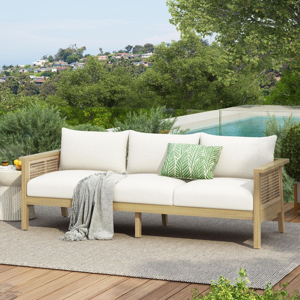 Renee Light Teak Solid Wood and PE Wicker Outdoor Couch with Cream Cushions Patio 3-Seater Sofa