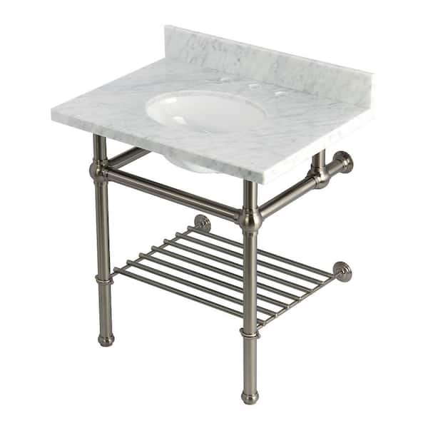 Kingston Brass Templeton 30 in. Marble Console Sink with Brass Legs in Carrara Marble Brushed Nickel