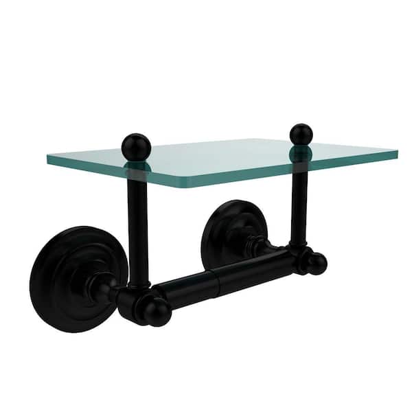 Allied Brass Que New Collection Double Post Toilet Paper Holder with Glass Shelf in Matte Black