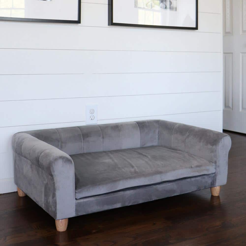 Elegant Gray Faux-Velvet Elevated Dog Bed with Wood Legs
