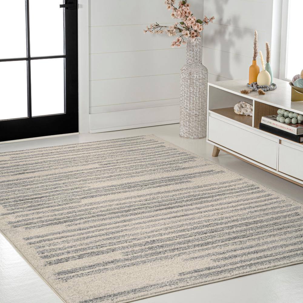 Khalil Gray and Cream Synthetic Striped Rectangular Rug