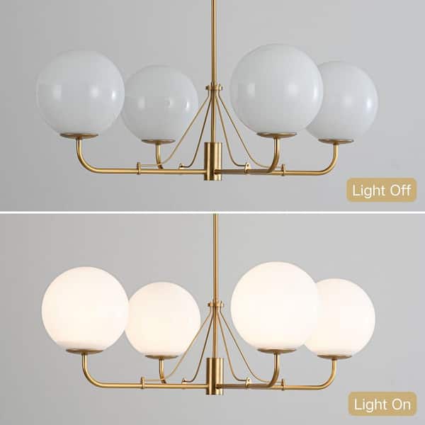 4 Light Brushed Gold Mid Century Globe Chandelier Modern Sputnik Pendant Light Fixture for Foyer with Milky Glass Shade