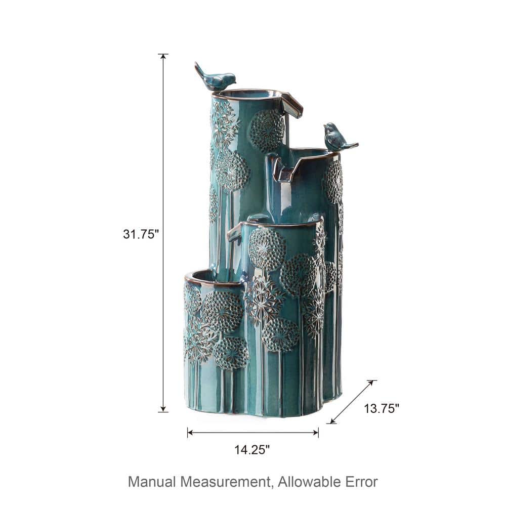 31.75" Turquoise Ceramic 4-Tier Outdoor Fountain with Birds and LED Lights