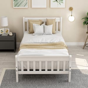 White Wood Twin Platform Bed Frame with Headboard and Footboard, Sleigh Bed with Slat Support, No Box Spring Needed