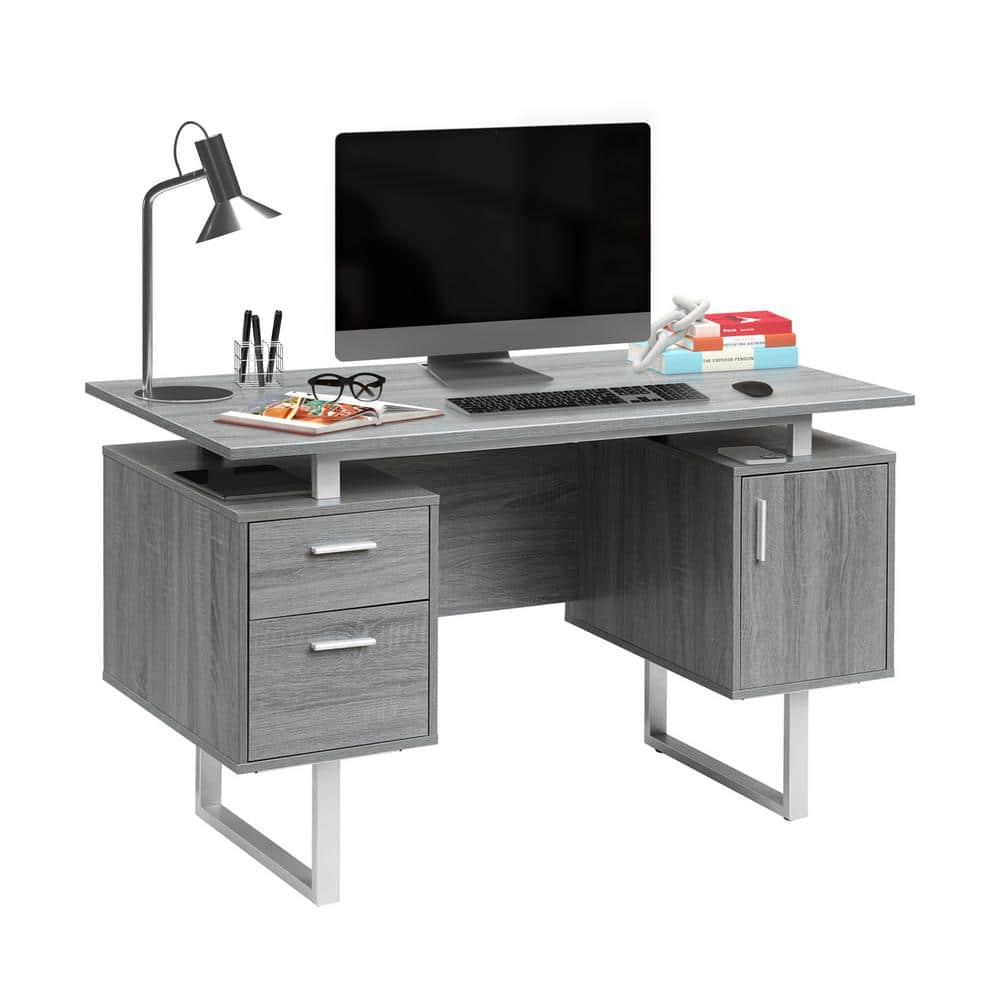 Sleek Modern Gray MDF Office Desk with Drawers and Filing Cabinet