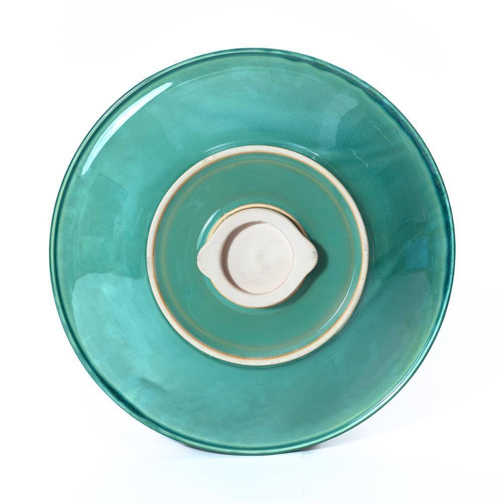 Aqua Green Ceramic Flower Carved Birdbath, 22-Inch Tall