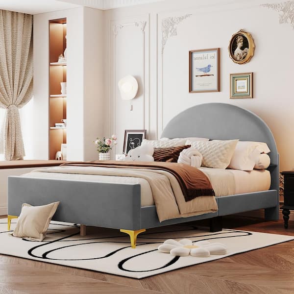 Harper & Bright Designs Gray Wood Frame Full Size Upholstered Velvet Platform Bed with 2 Metal Legs and Semi-circular Headboard