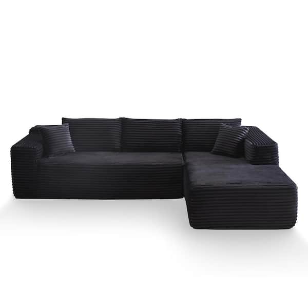 Verve 106 in. Square Arm 2-Piece Modern Plush Corduroy Fabric L-Shape Modular Sectional Sofa in Black with Right Chaise