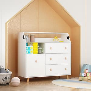 White 4-Drawer 45 in. Width Wooden Stylish Kids Low Dresser, Chest of Drawers, Storage Cabinet with Open Shelf