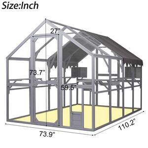 111in.Dx 75in.Wx74in.H Large Wooden Outdoor Cat House and Cat Run Enclosure Catio Kitten Condo with Entry Door&Roof Gray