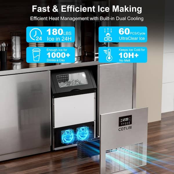 20 in. 180 lb./24H Full Size Cubes Freestanding/Built-In Ice Maker in Stainless Steel with Water Filter, Timer, ETL