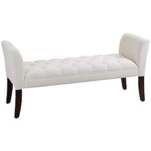 Armed Cream White End of Bed Bench with Button Tufted Design and Solid Wood Legs