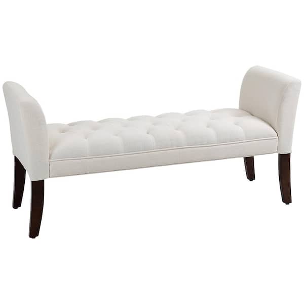 HOMCOM Armed Cream White End of Bed Bench with Button Tufted Design and Solid Wood Legs