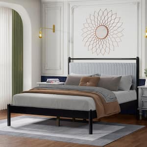 Gray and Black Solid Wood Frame Full Size Platform Bed with Fluffy Soft Headboard