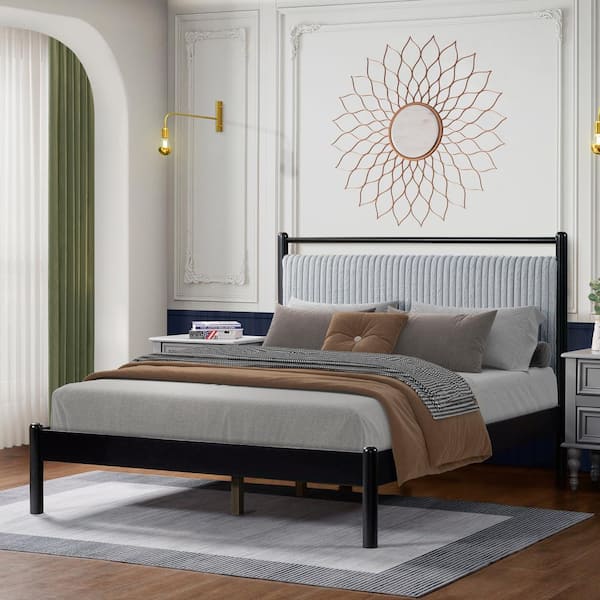 Harper & Bright Designs Gray and Black Solid Wood Frame Full Size Platform Bed with Fluffy Soft Headboard