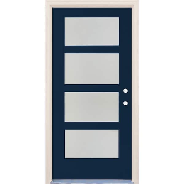 Builders Choice 36 in. x 80 in. Left-Hand/Inswing 4 Lite Satin Etch Glass Indigo Painted Fiberglass Prehung Front Door w/6-9/16" Frame
