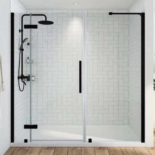 OVE Decors Tampa 72 in. L x 32 in. W x 75 in. H Alcove Shower Kit w/ Pivot Frameless Shower Door in Black w/Shelves and Shower Pan