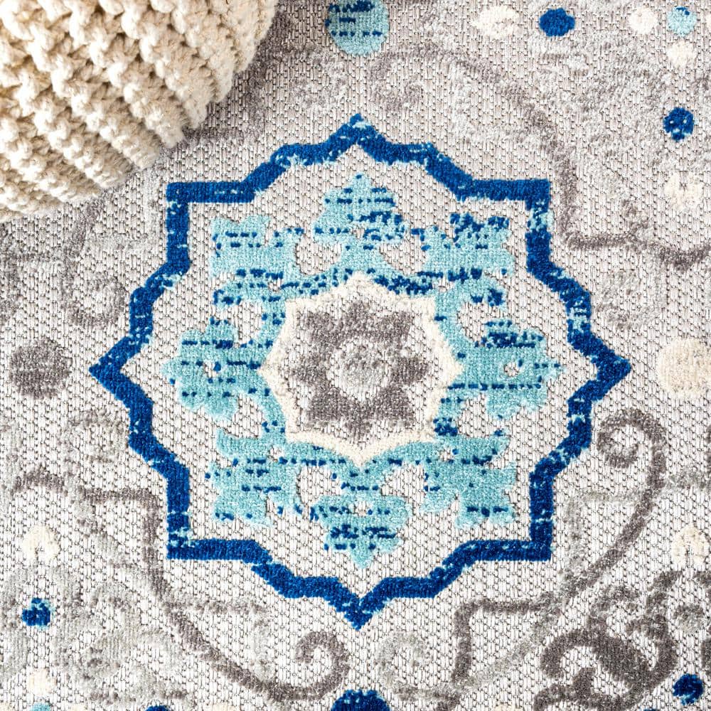 Blue and Gray Synthetic Medallion Reversible Area Rug
