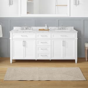 Caville 72 in. W x 22 in. D x 34 in. H Double Sink Bath Vanity in White with Carrara Marble Top with Outlet