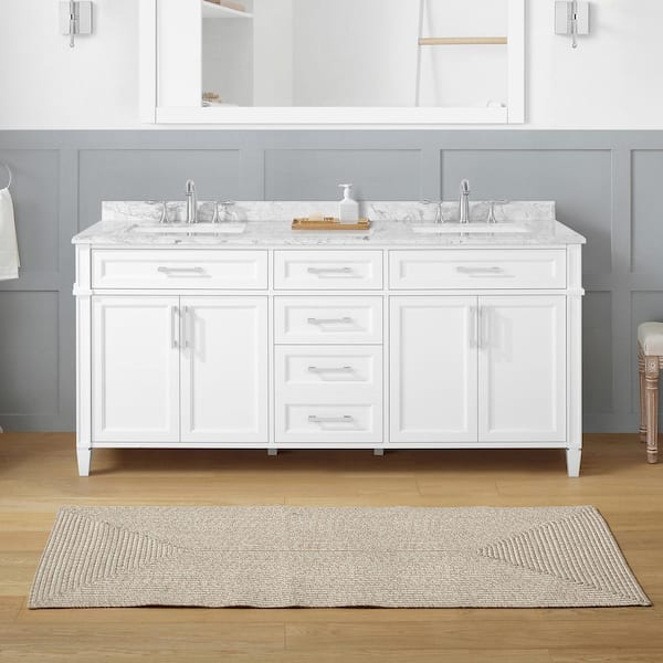 Home Decorators Collection Caville 72 in. W x 22 in. D x 34 in. H Double Sink Bath Vanity in White with Carrara Marble Top with Outlet