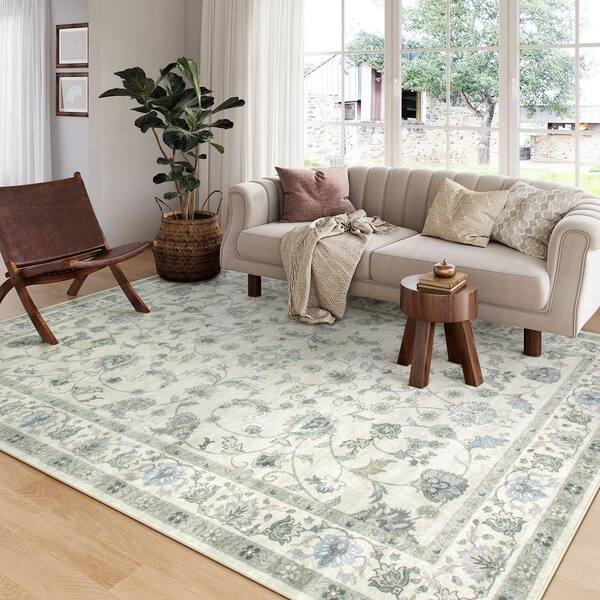 Vintage Floral Vine Washable Non-Slip Beige 5 ft. x 7 ft. Area Rug