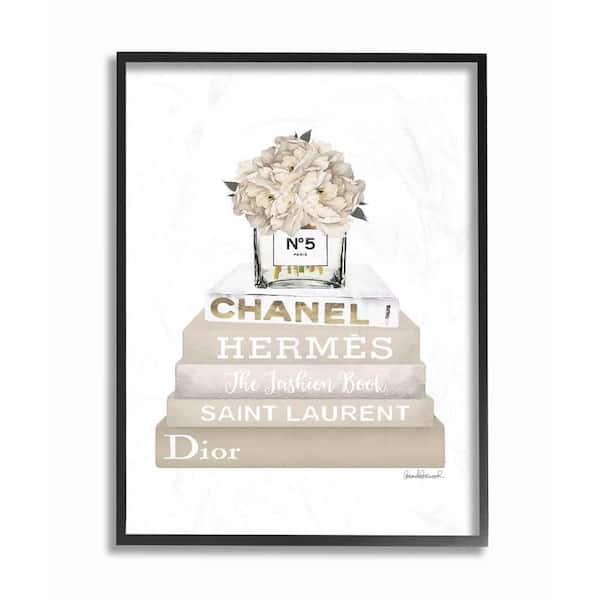 16 in. x 20 in. "High Fashion Bookstack with Tan Flowers" by Artist Amanda Greenwood Framed Wall Art